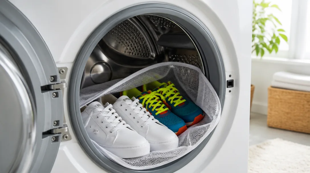 Vita sneakers och gympaskor i tvättpåse i tvättmaskinstrumman