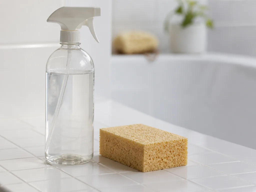Sprayflaska med väteperoxid och en svamp på badrumsbänk i naturligt ljus